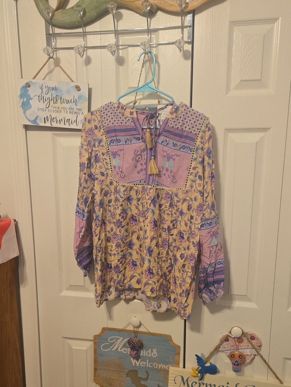 Boho Floral Peasant Blouse in Tan & Purple